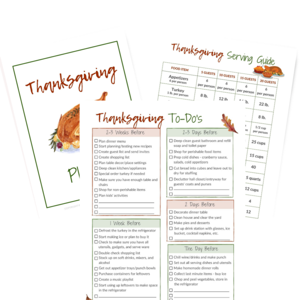 Thanksgiving Planner cover, to-do list, and serving guide.