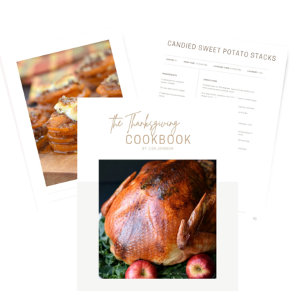 The Thanksgiving Cookbook cover, candied sweet potato stacks image and recipe page.