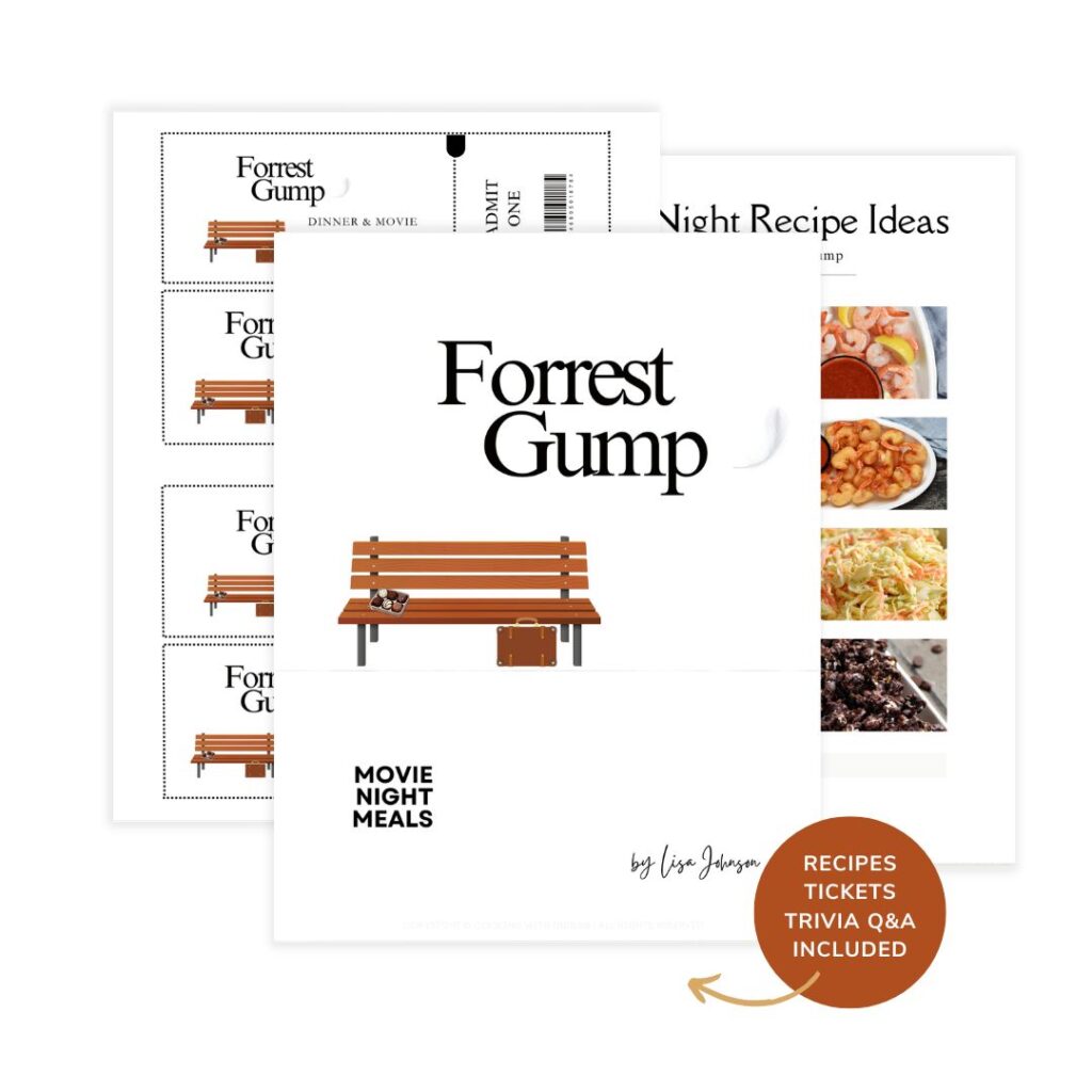 Forrest Gump movie night meals mockup with images of movie tickets and recipes.