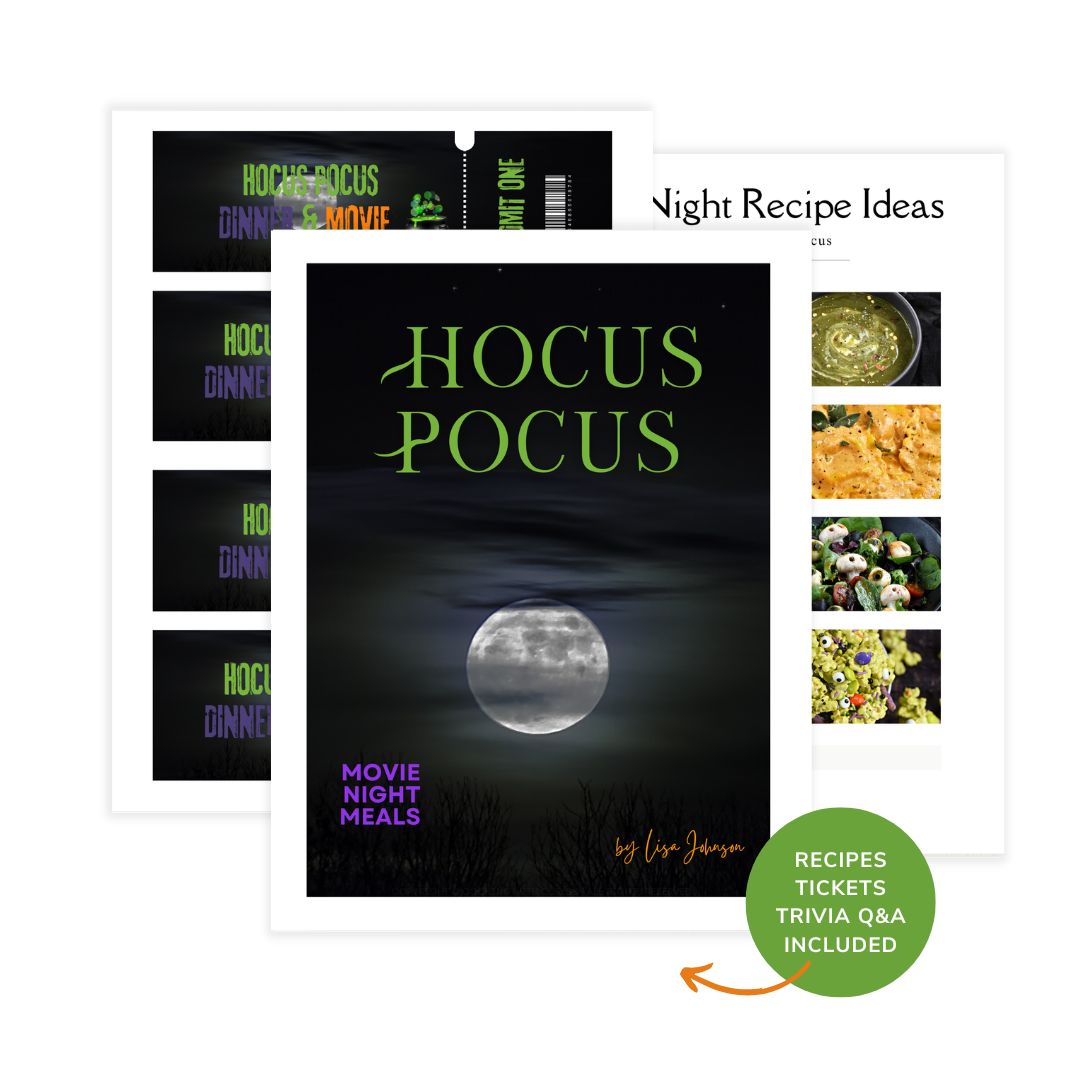 Hocus Pocus Movie Night Meals mock up with images of tickets and recipes.