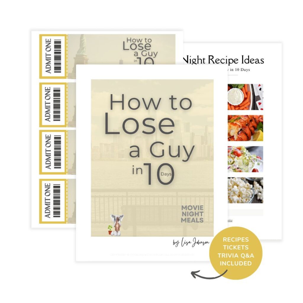 How to Lose a Guy in 10 Days mockup with images of. movie tickets and recipes.