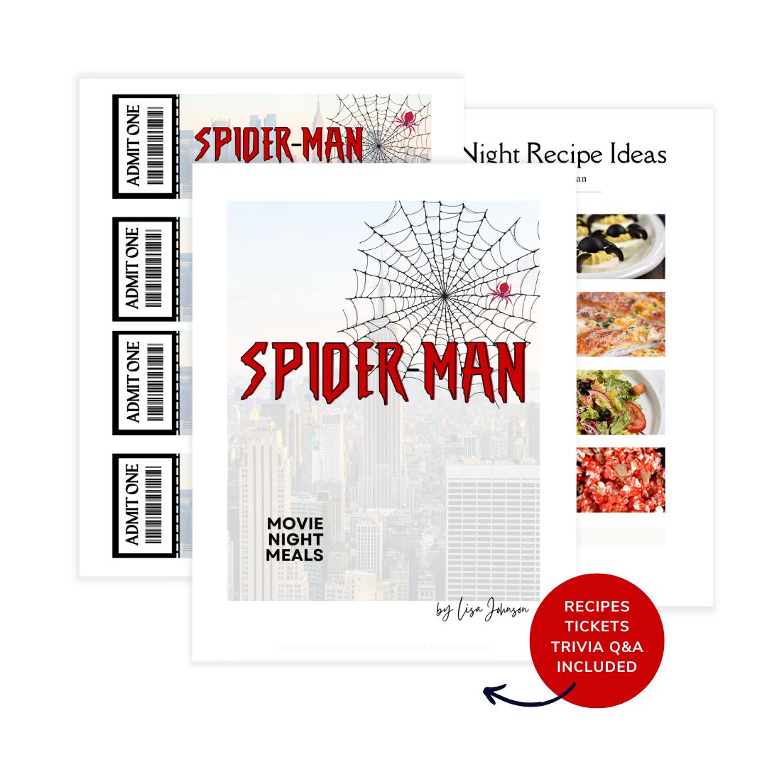 Spider-Man movie night meals mockup with images of movie tickets and recipes.