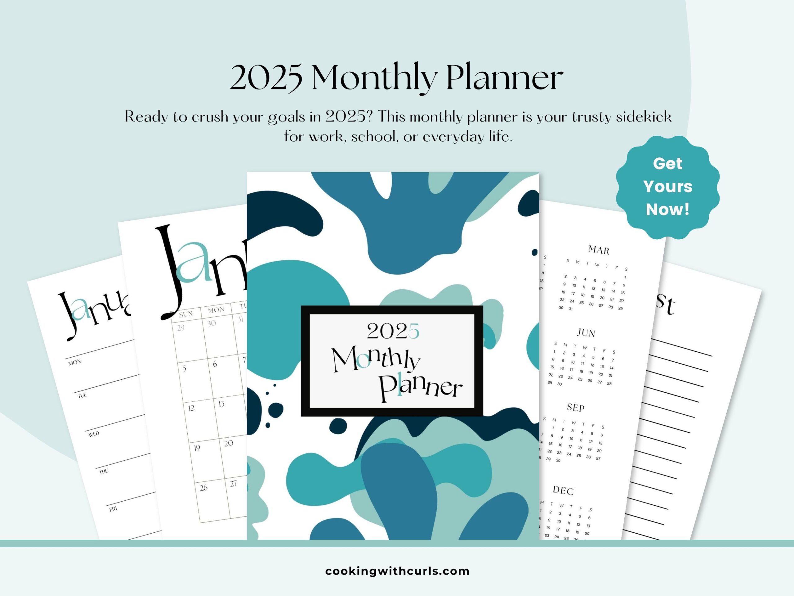 2025 Monthly Planner Product Mockup teal version.